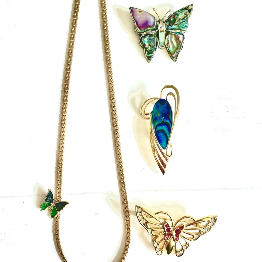Vintage Butterfly Gold Jewelry Bundle Lot Avon Ariki Paua Abalone Alpaca Mexico
